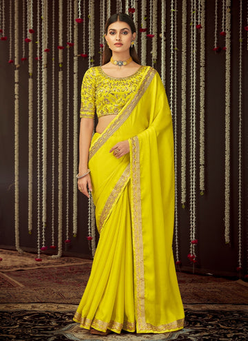 Zari Embroidery Work Chinon Silk Lemon Yellow Border Saree Design